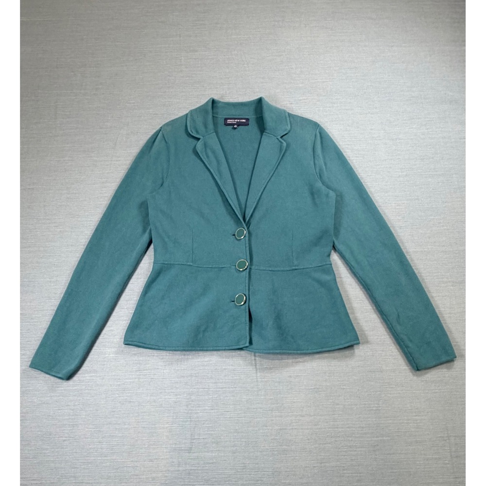 Jones New York Signature Teal Green Knit Blazer Sweater Jacket Womens Medium